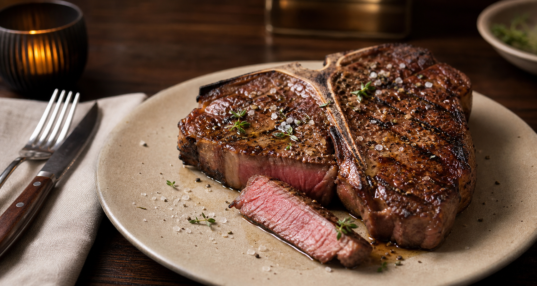 A realistic T-bone steak on an elegant steakhouse table